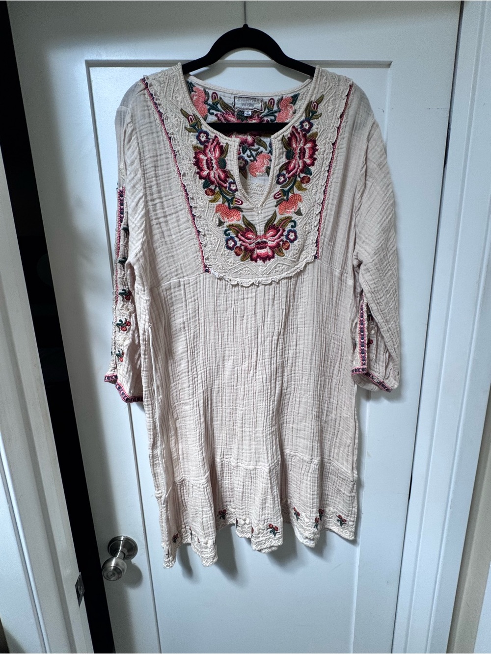 Johnny Was Embroidered Cream Women's Boho Tunic dress